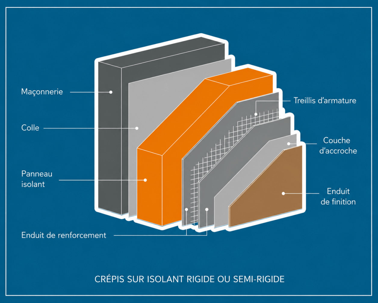 Schéma des couches d'une isolation thermique par l'extérieur : panneau isolant, treillis d'armature et enduit de finition