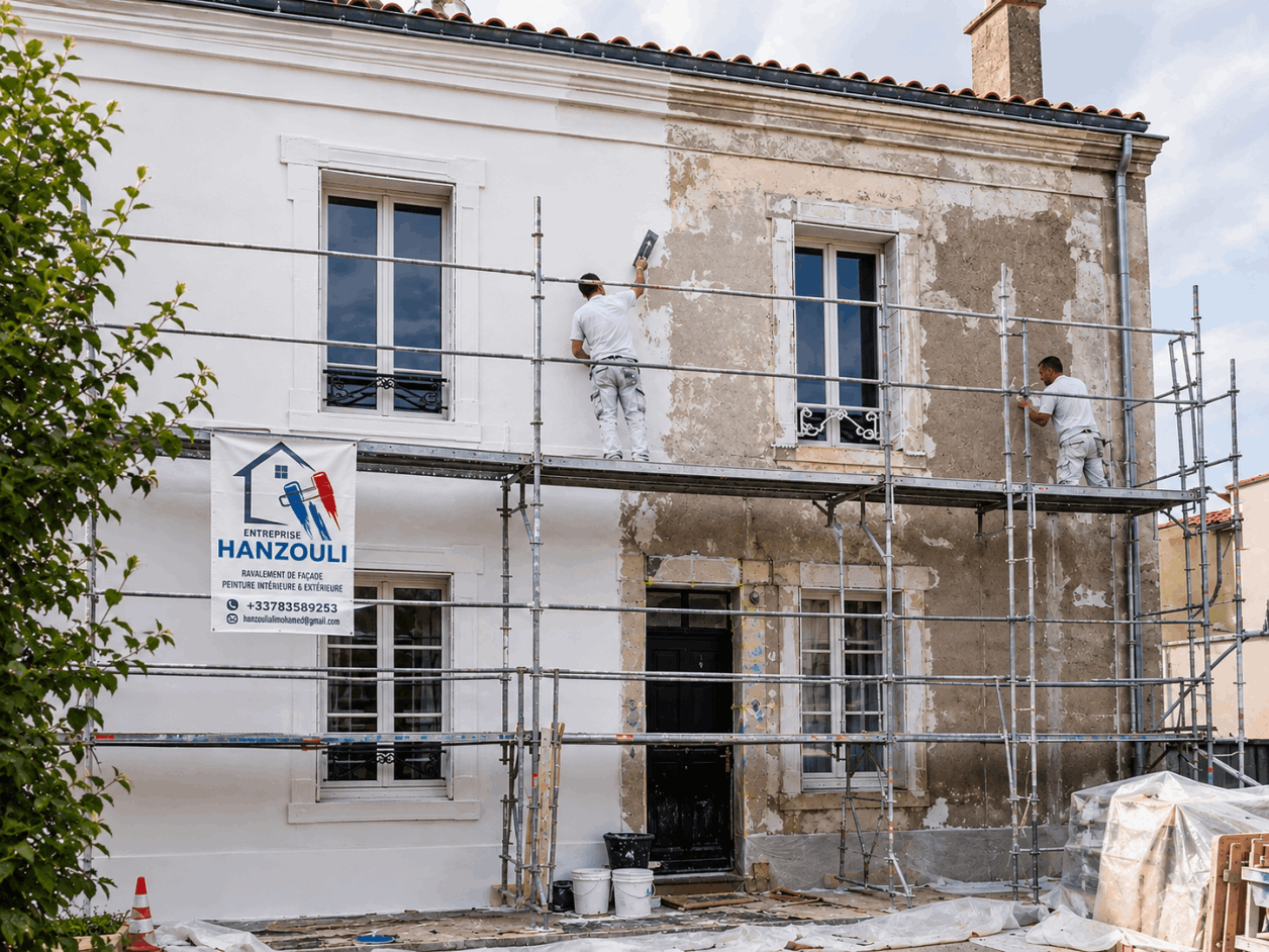 Artisans Entreprise Hanzouli réalisant le ravalement de façade d'une maison ancienne